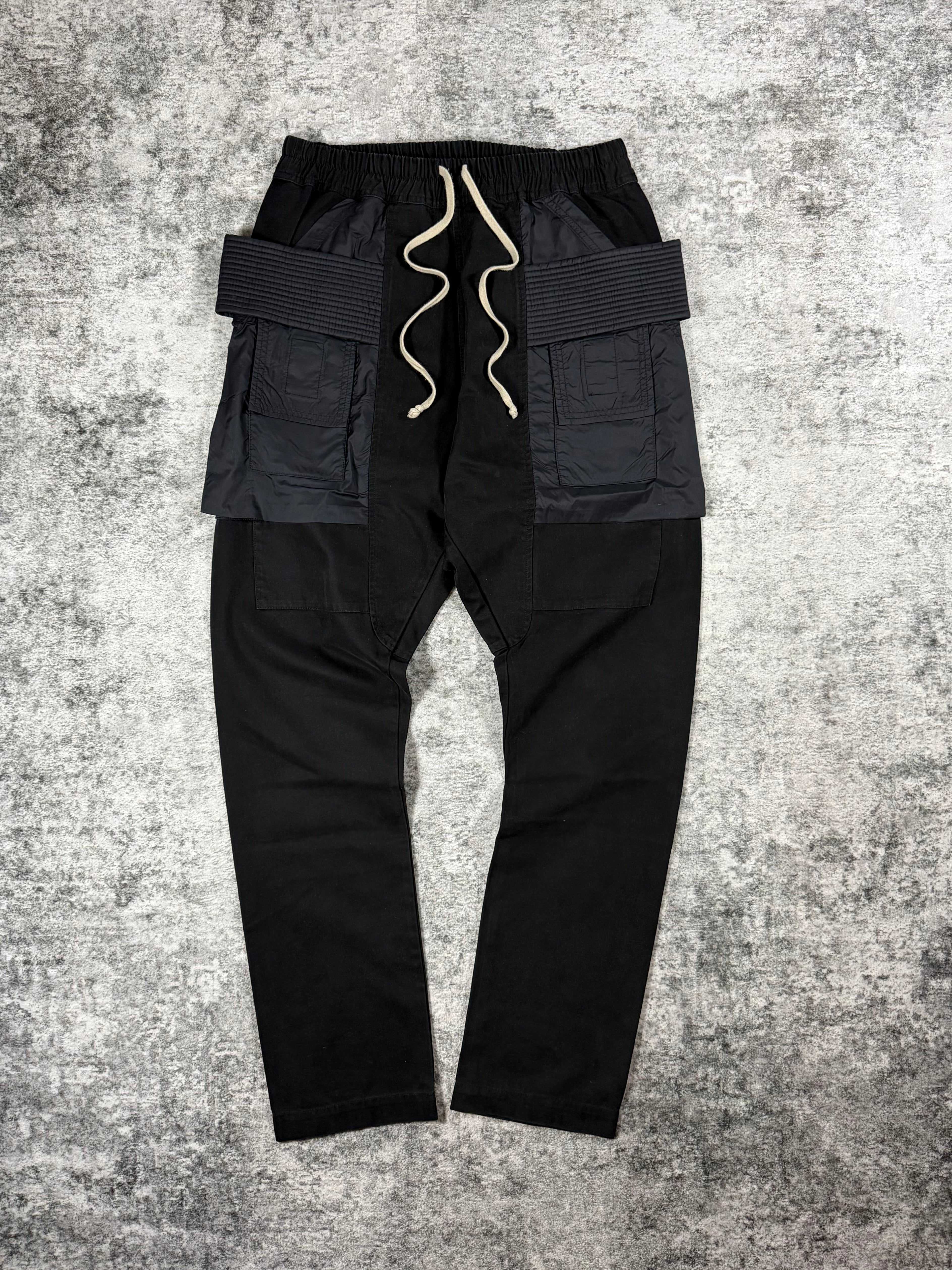 Front view of Rick Owens FW20 Performa hybrid nylon Creatch cargo pants