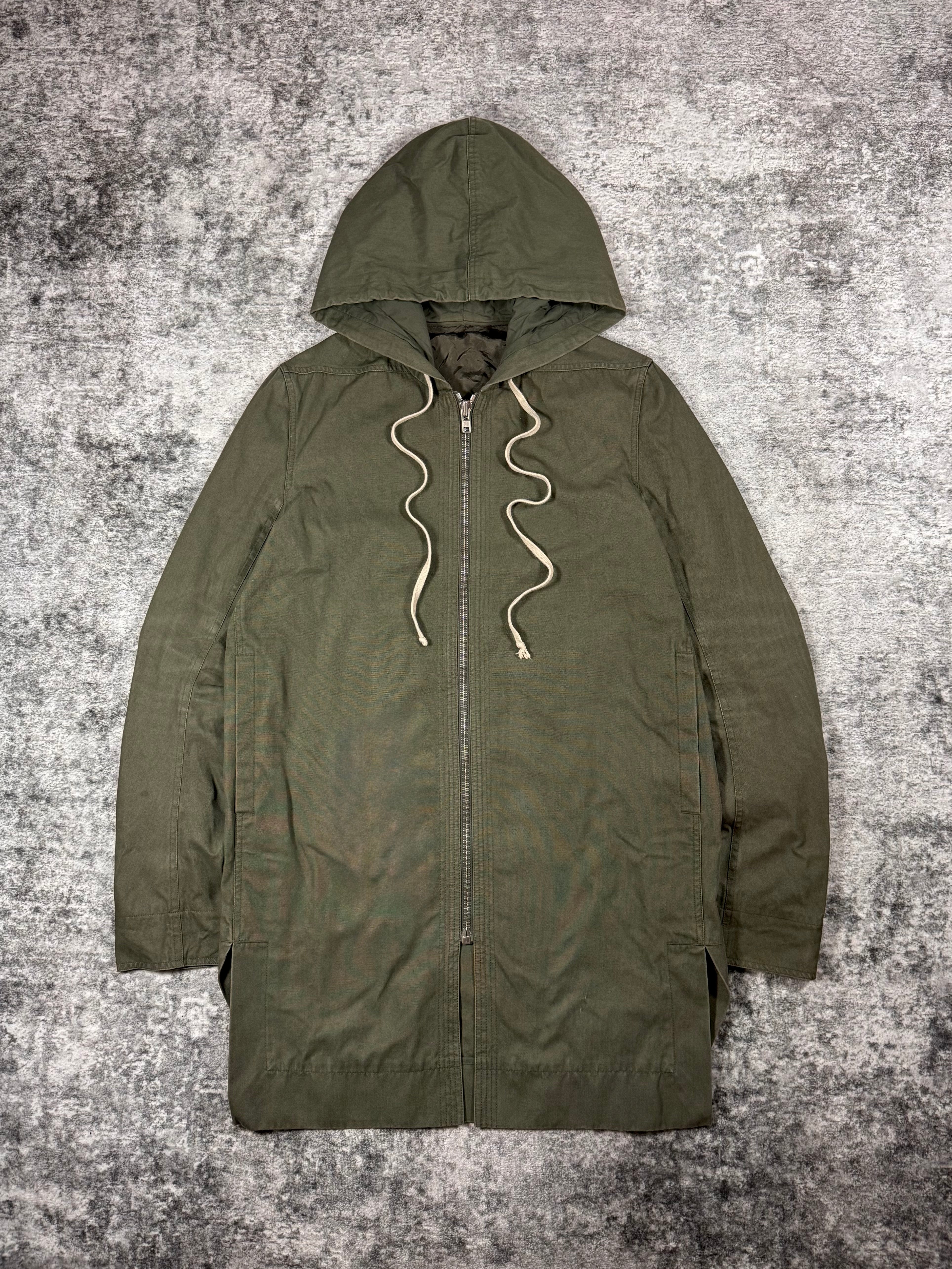 Rick Owens military style coat from the Spring/Summer 2016 collection in a palm-green color way with elongated drawstrings 