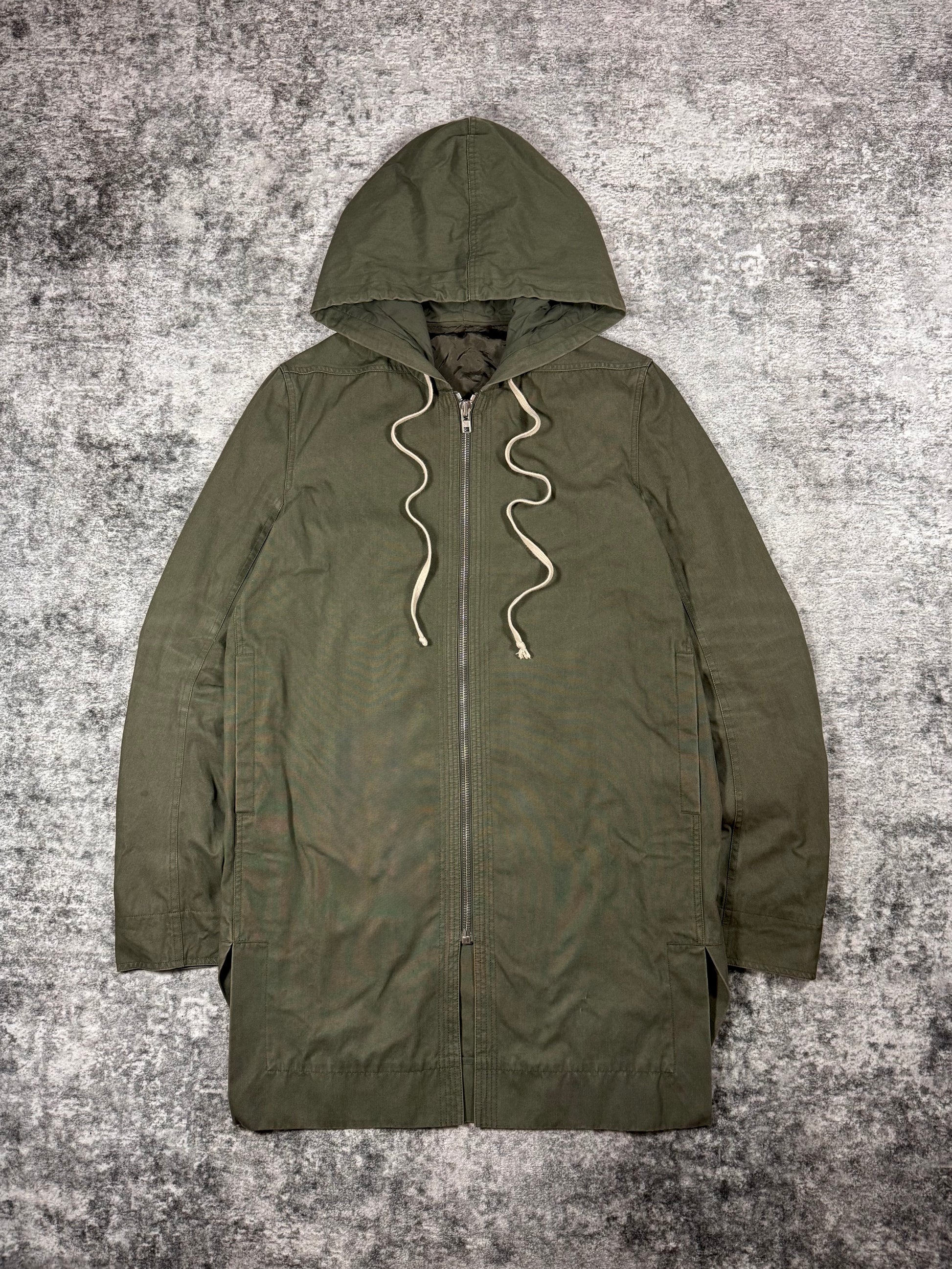 Rick Owens military style coat from the Spring/Summer 2016 collection in a palm-green color way with elongated drawstrings 