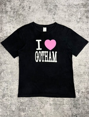 Black Number Nine t-shirt with 'I ❤️ GOTHAM' text on a textured gray background with pink oversized heart 