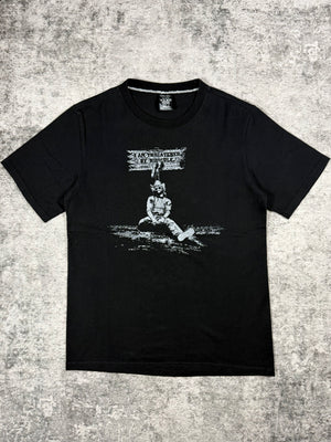 SS07 Number (N)ine “Threatened By Ridicule” Kurt Cobain black graphic T-shirt from the About A Boy collection featuring monochrome portrait print and text graphic on front.