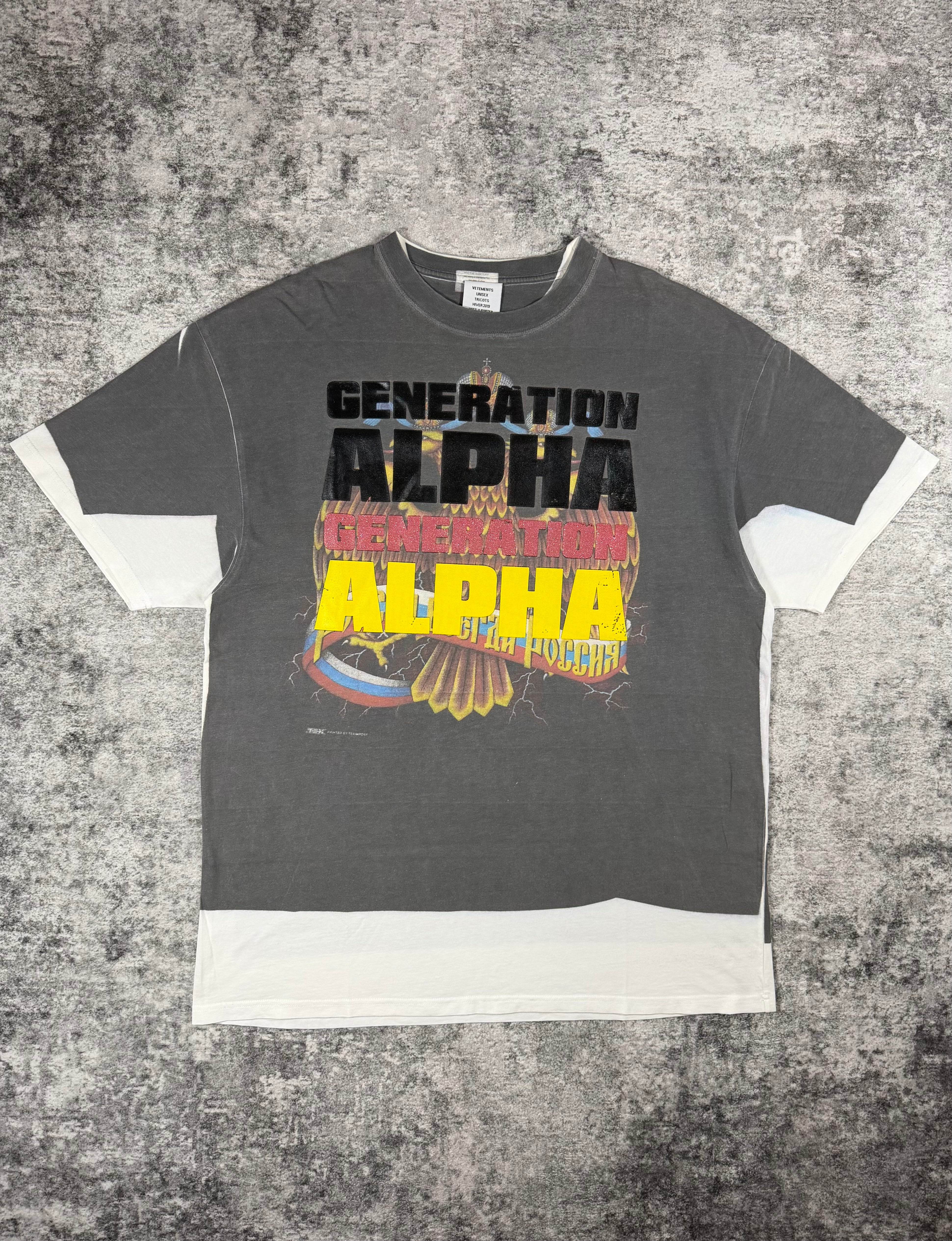 Vetements Generation Alpha oversized t-shirt front graphic view grey background 