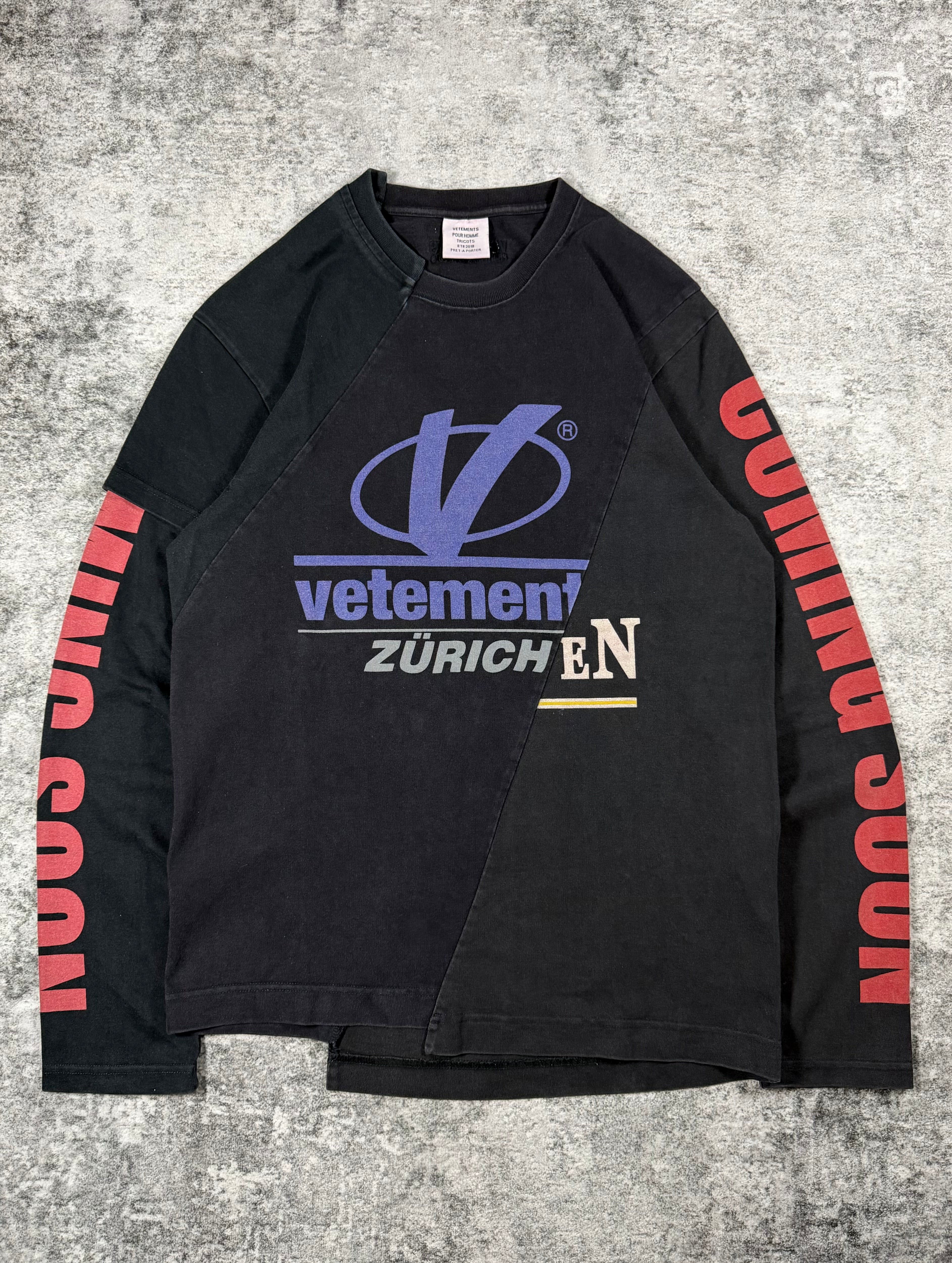 Vetements SS18 reconstructed Zürich longsleeve black front view on grey background 
