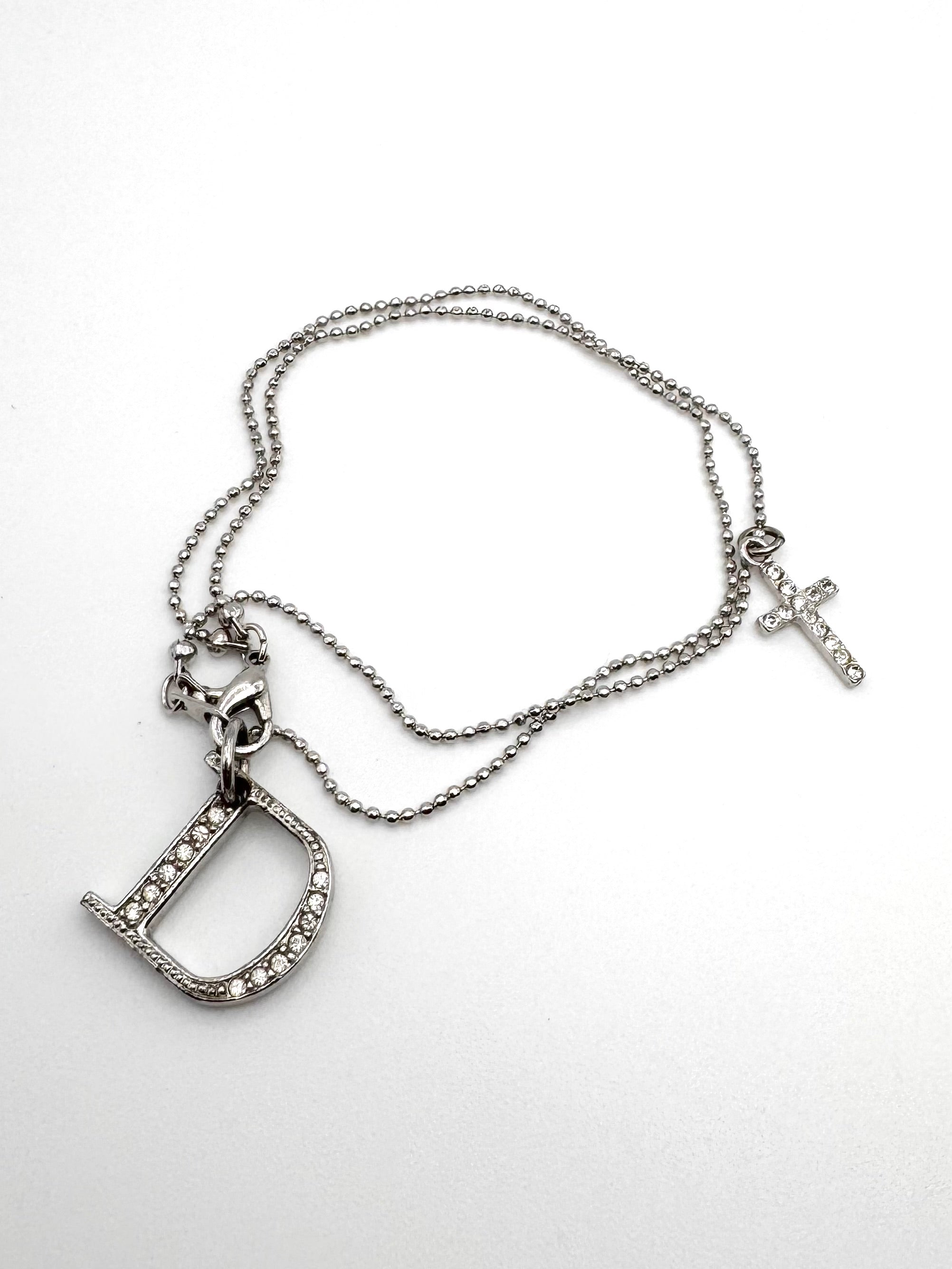2000s Christian Dior Pavé “D” Initial & Cross Charm Rhinestone Bracelet