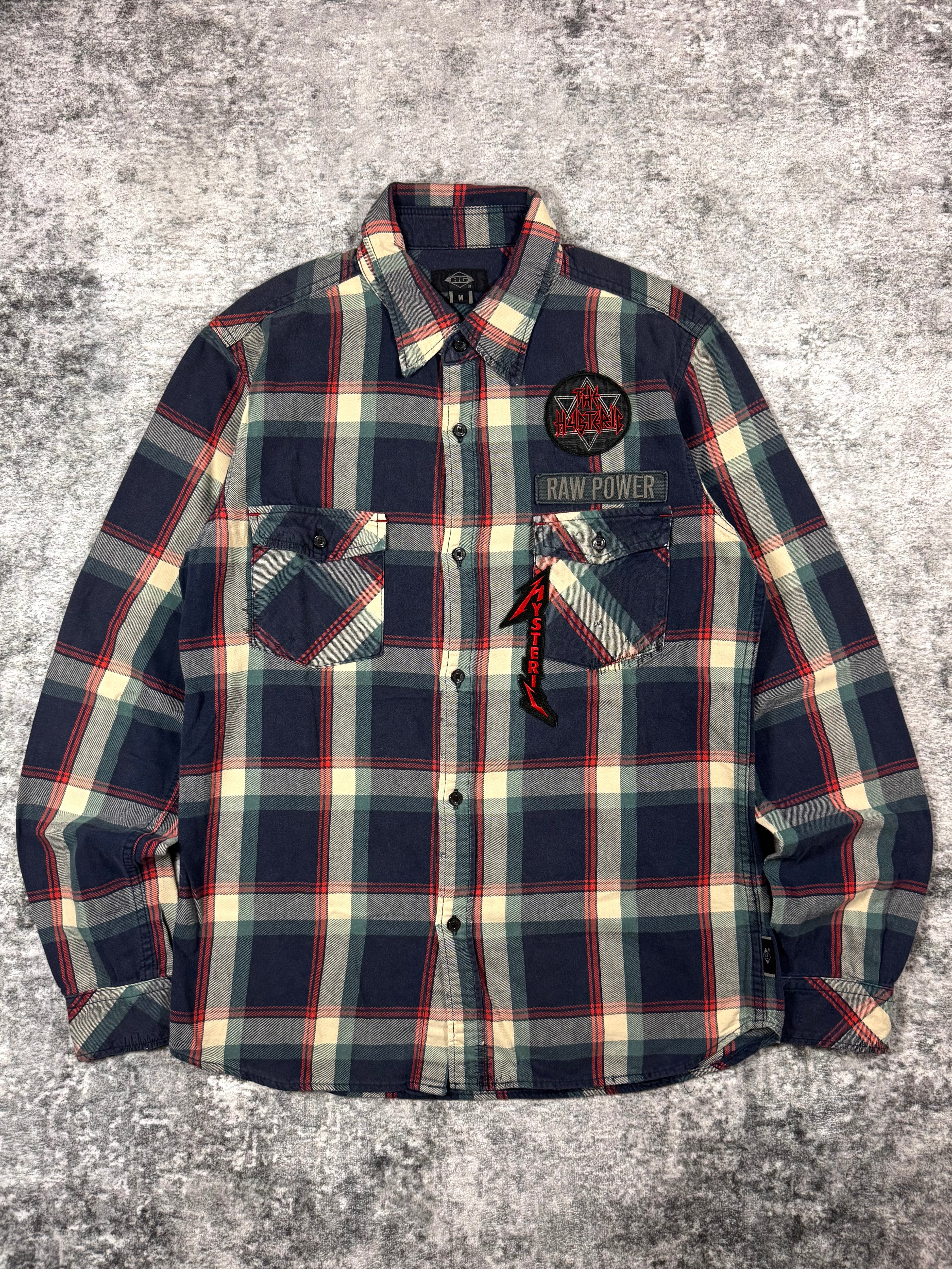 Hysteric Glamour 2000s patchwork plaid flannel shirt with Raw Power chest patch and metal logo graphic