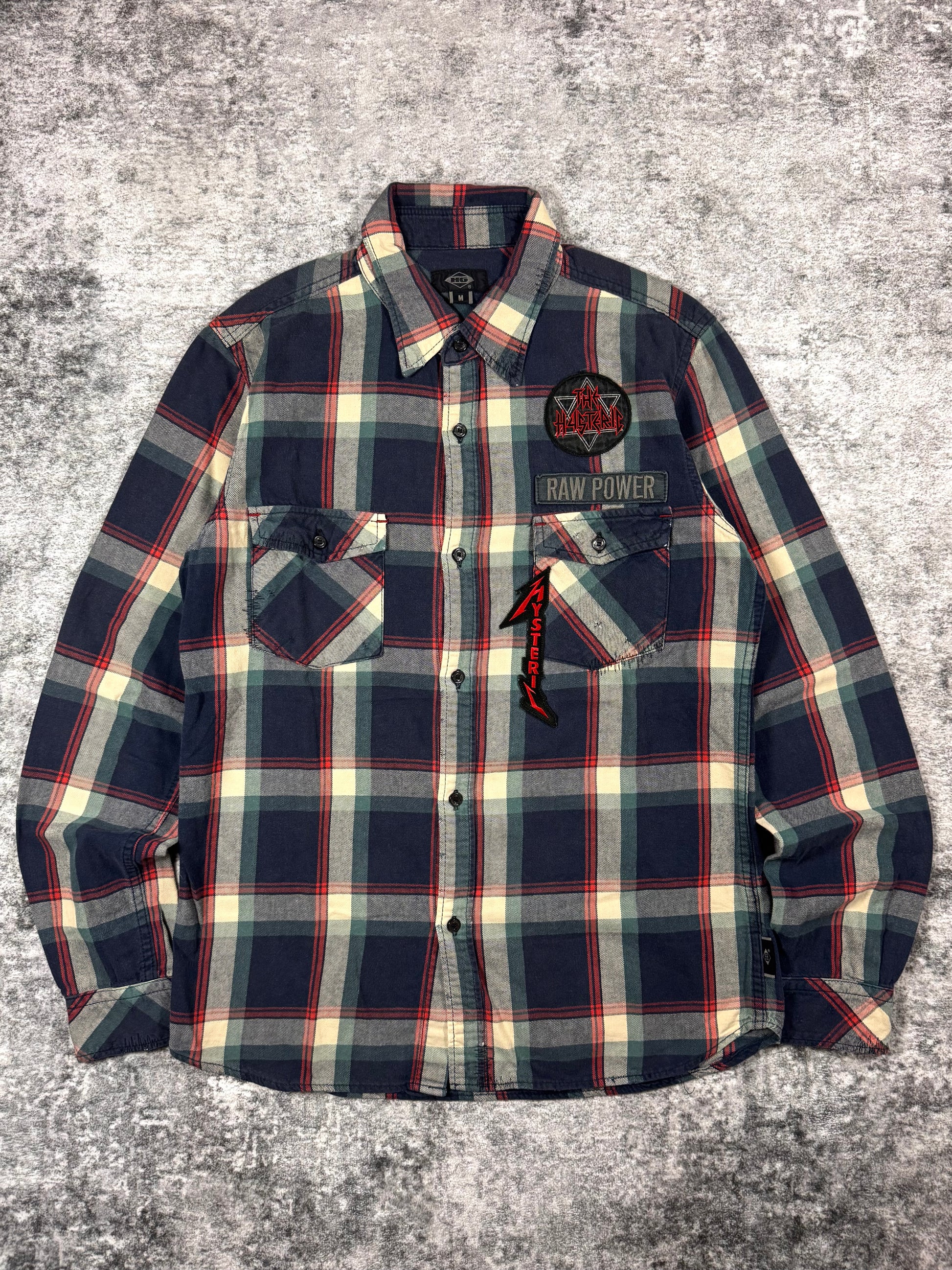 Hysteric Glamour 2000s patchwork plaid flannel shirt with Raw Power chest patch and metal logo graphic